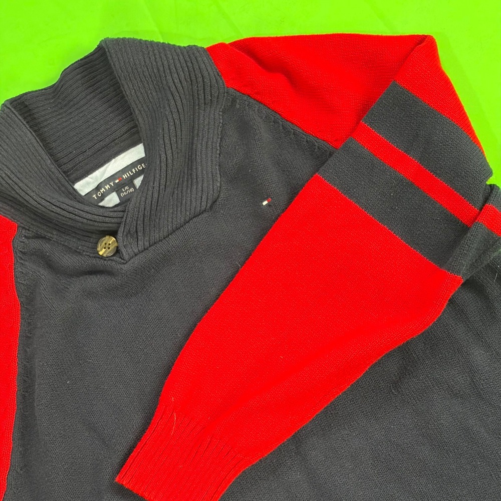 Tommy Hilfiger Shawl Collar Sweater Boys L 16-18 Navy Color Block Raglan Stripe
